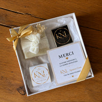 Coffret cadeau remerciement blanc doré chocolats napolitains savon artisanal